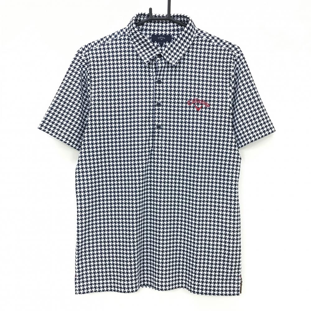【美品】キャロウェイ 半袖ポロシャツ 白×ネイビー 千鳥格子柄 ボタンダウン メンズ L ゴルフウェア Callaway