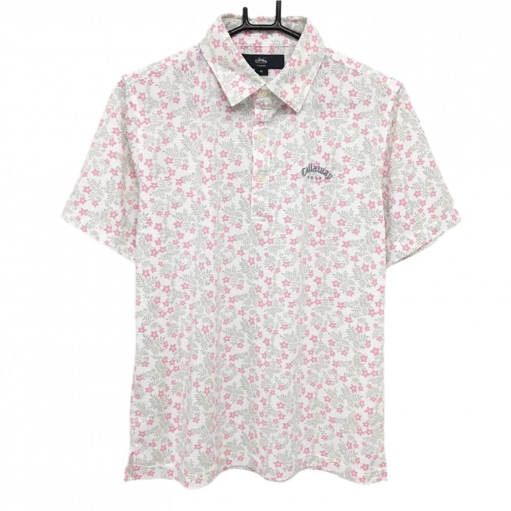 キャロウェイ 半袖ポロシャツ 白×ピンク 花柄 メンズ M ゴルフウェア Callaway