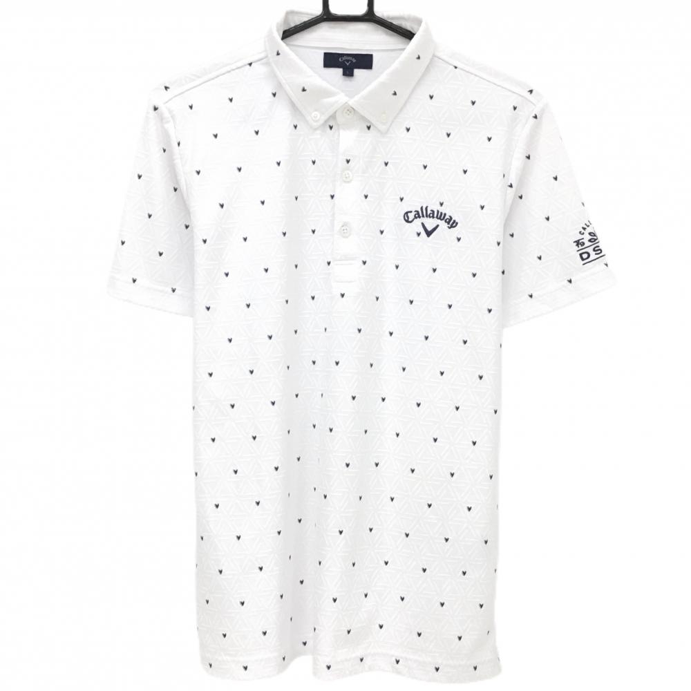 【超美品】キャロウェイ 半袖ポロシャツ 白×ネイビー ハート柄 織生地 ボタンダウン メンズ L ゴルフウェア Callaway