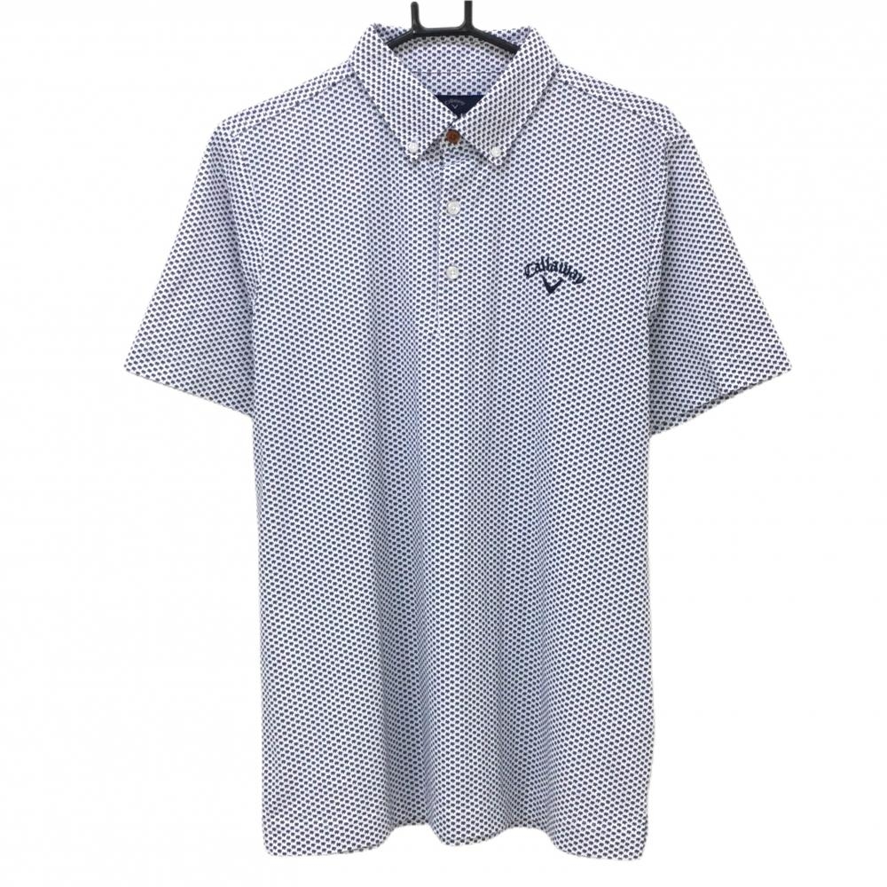 【超美品】キャロウェイ 半袖ポロシャツ 白×ネイビー リーフ柄小総柄 ボタンダウン  メンズ LL ゴルフウェア Callaway