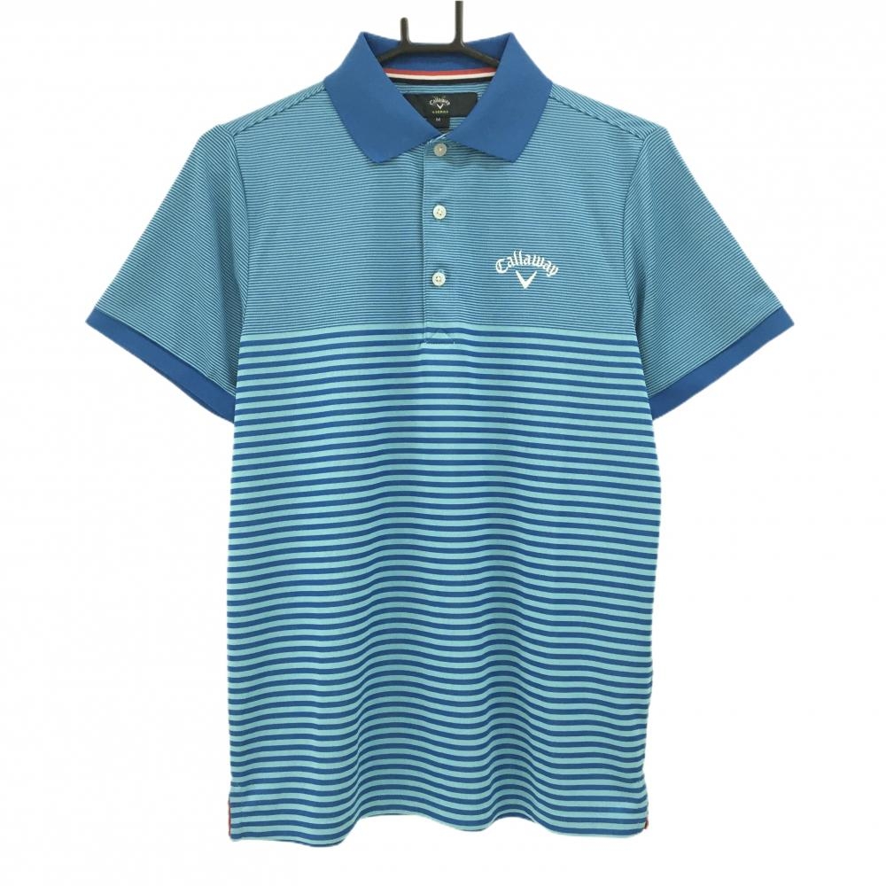 【超美品】キャロウェイ 半袖ポロシャツ ライトブルー×ブルー ボーダー ロゴ刺しゅう メンズ M ゴルフウェア Callaway