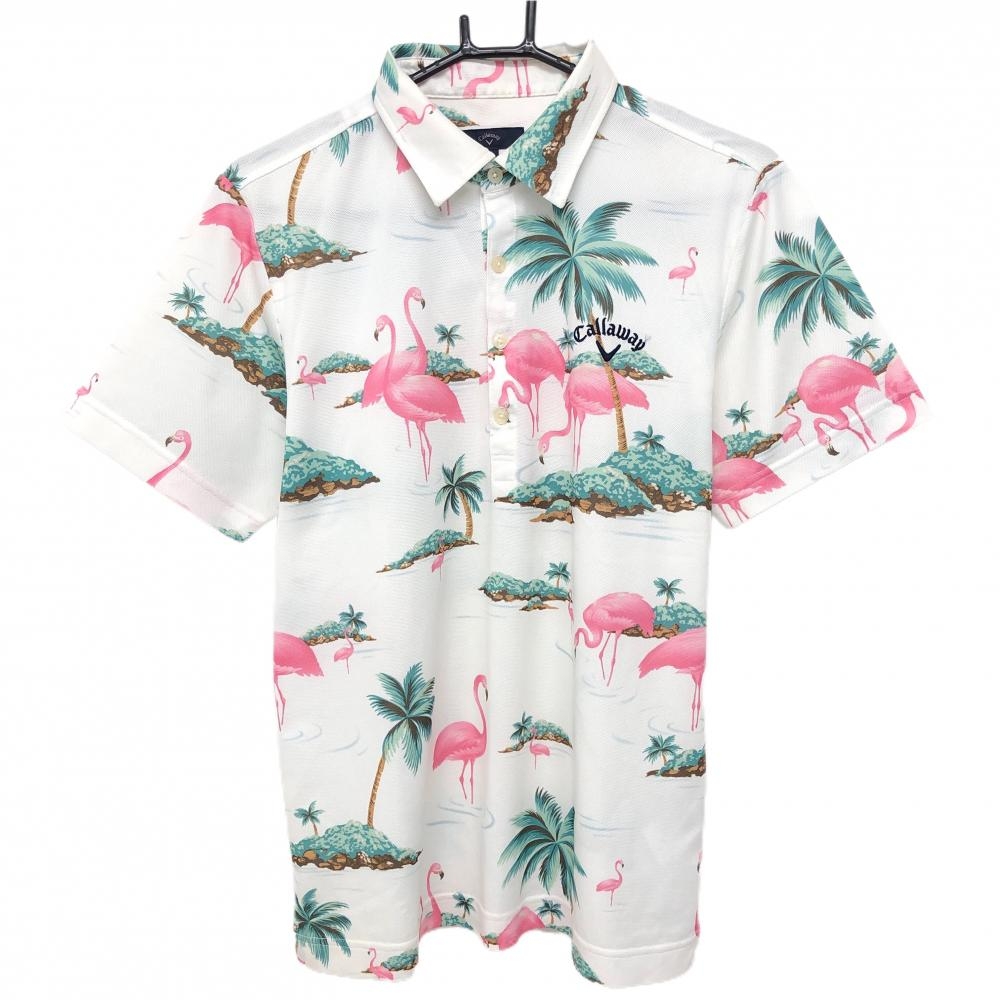 【美品】キャロウェイ 半袖ポロシャツ 白×ピンク×グリーン フラミンゴ総柄  メンズ L ゴルフウェア Callaway