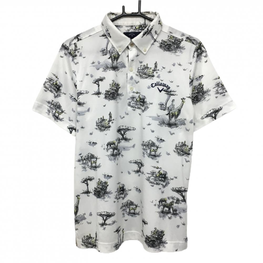 【美品】キャロウェイ 半袖ポロシャツ 白×黒 サバンナアニマル総柄 ロゴ刺しゅう メンズ L ゴルフウェア Callaway