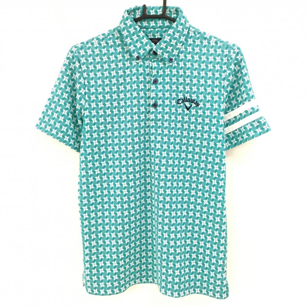 【超美品】キャロウェイ 半袖ポロシャツ グリーン 総柄 ロゴ刺しゅう ボタンダウン メンズ M ゴルフウェア Callaway
