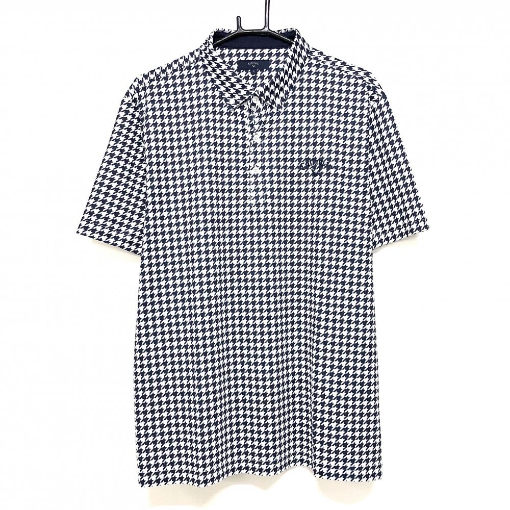 【超美品】キャロウェイ 半袖ポロシャツ 白×ネイビー 千鳥格子 ボタンダウン  メンズ 3L ゴルフウェア 大きいサイズ Callaway
