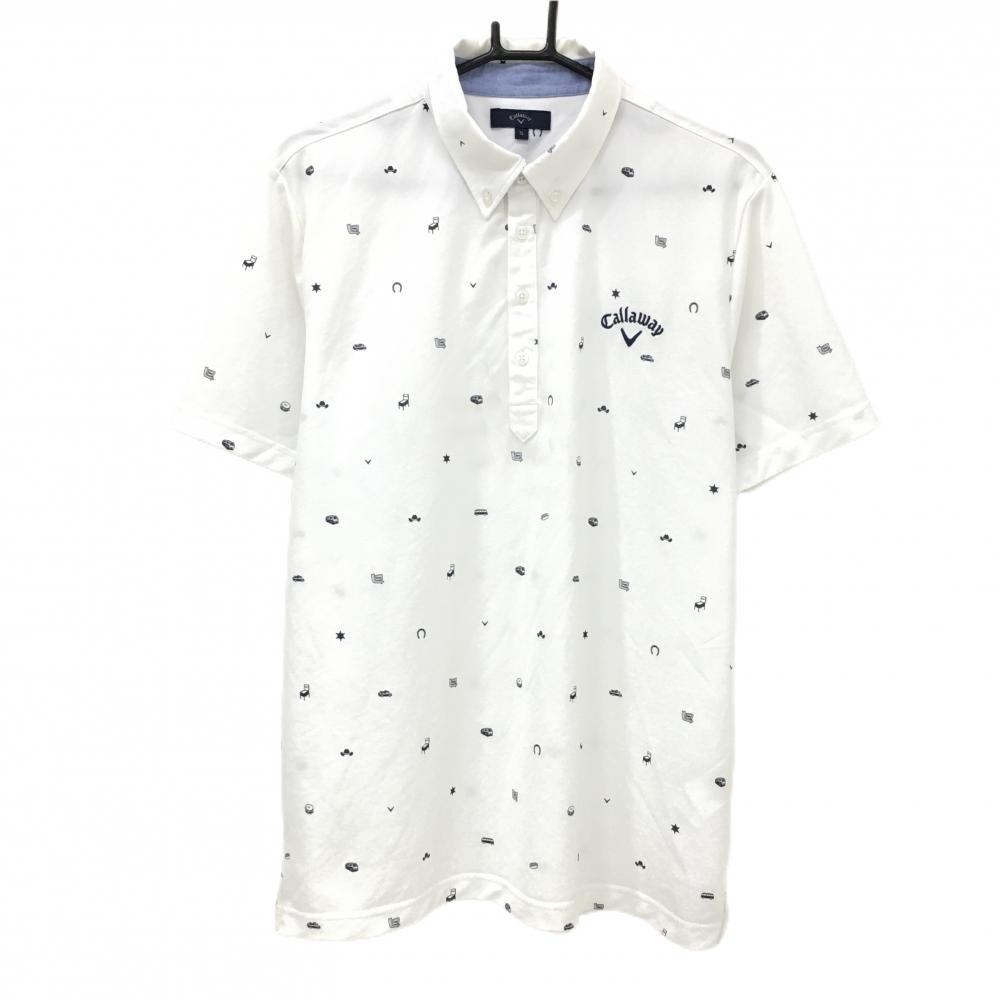 キャロウェイ 半袖ポロシャツ 白×ネイビー 総柄 ボタンダウン メンズ 3L ゴルフウェア 大きいサイズ Callaway