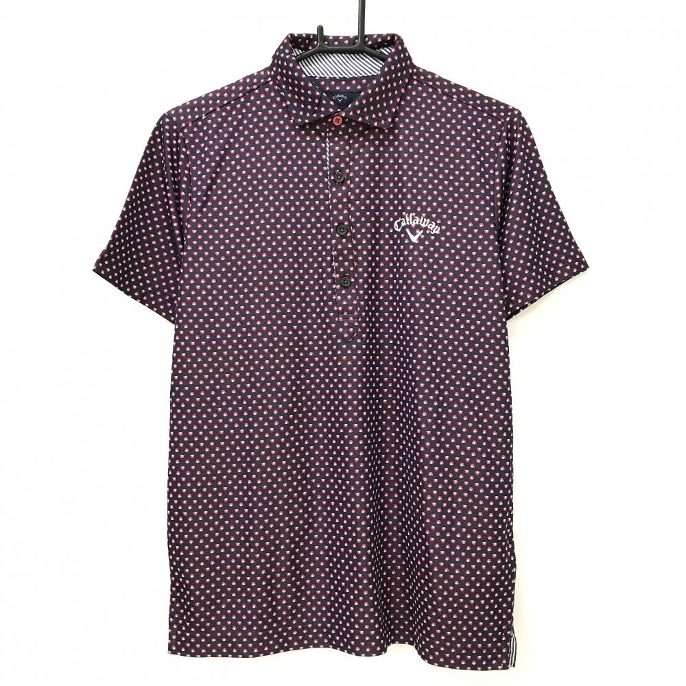 【超美品】キャロウェイ 半袖ポロシャツ ネイビー×オレンジ 総柄 ロゴ刺しゅう メンズ M ゴルフウェア Callaway