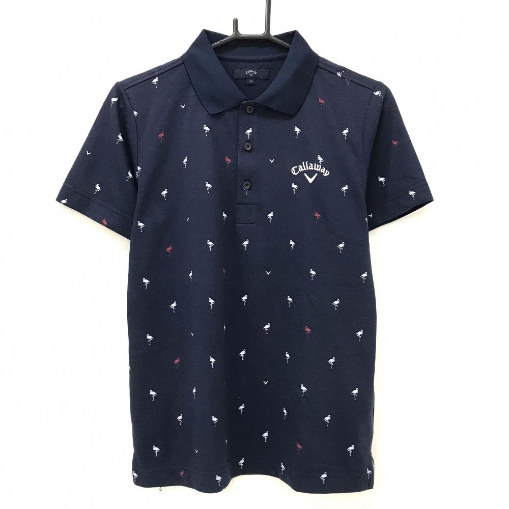 キャロウェイ 半袖ポロシャツ ネイビー×白 フラミンゴ柄 ロゴ刺しゅう  メンズ M ゴルフウェア Callaway