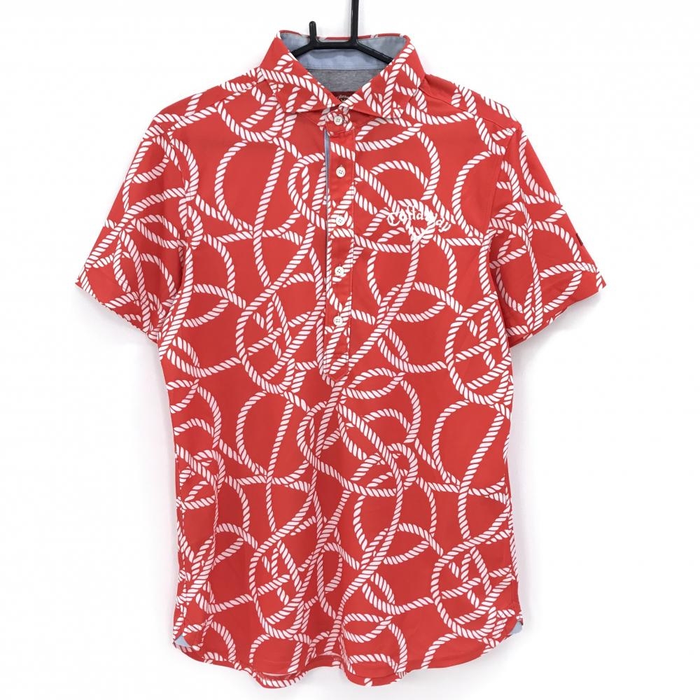 【美品】キャロウェイ レッドレーベル 半袖ポロシャツ レッド×白 総柄 メンズ L ゴルフウェア Callaway