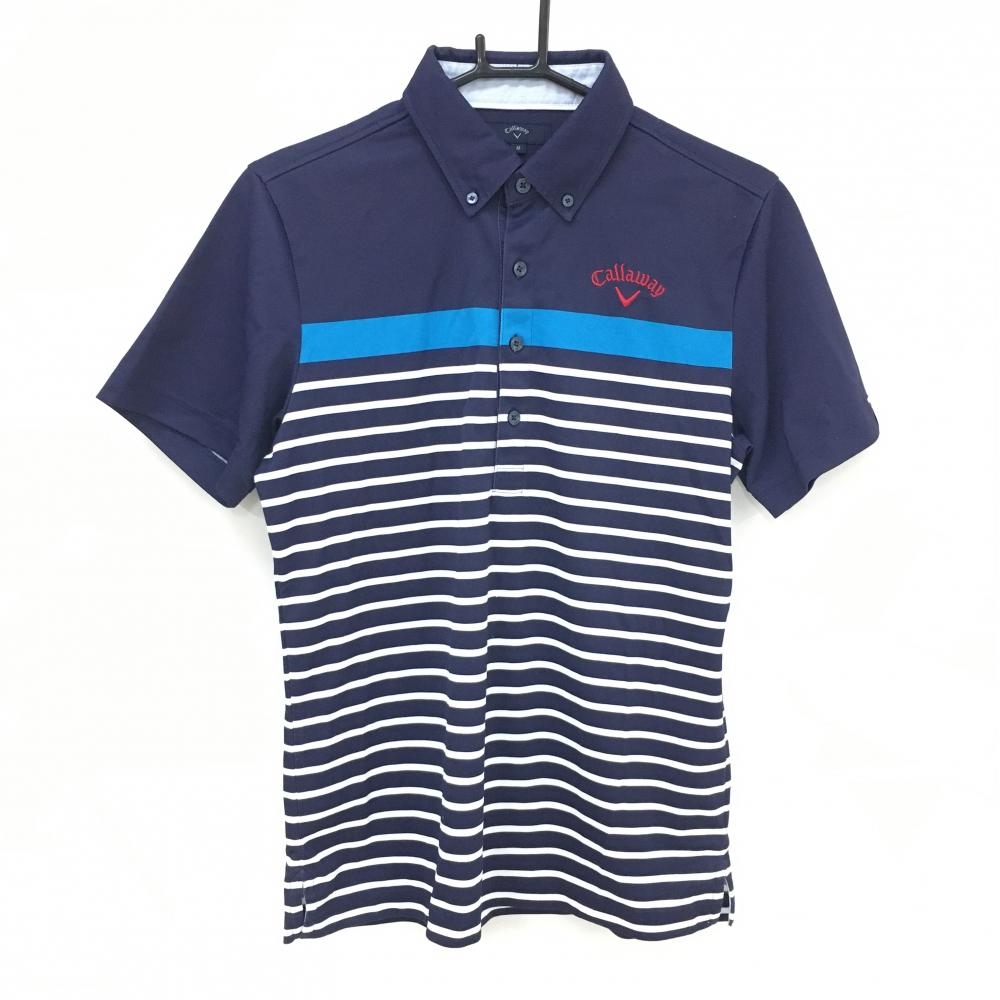 キャロウェイ 半袖ポロシャツ ネイビー×白 ボーダー ロゴ刺しゅう ボタンダウン メンズ M ゴルフウェア Callaway
