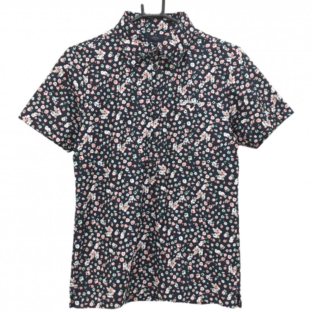 【超美品】キャロウェイ 半袖ポロシャツ ダークネイビー×マルチ 花柄 ロゴ刺しゅう メンズ M ゴルフウェア Callaway