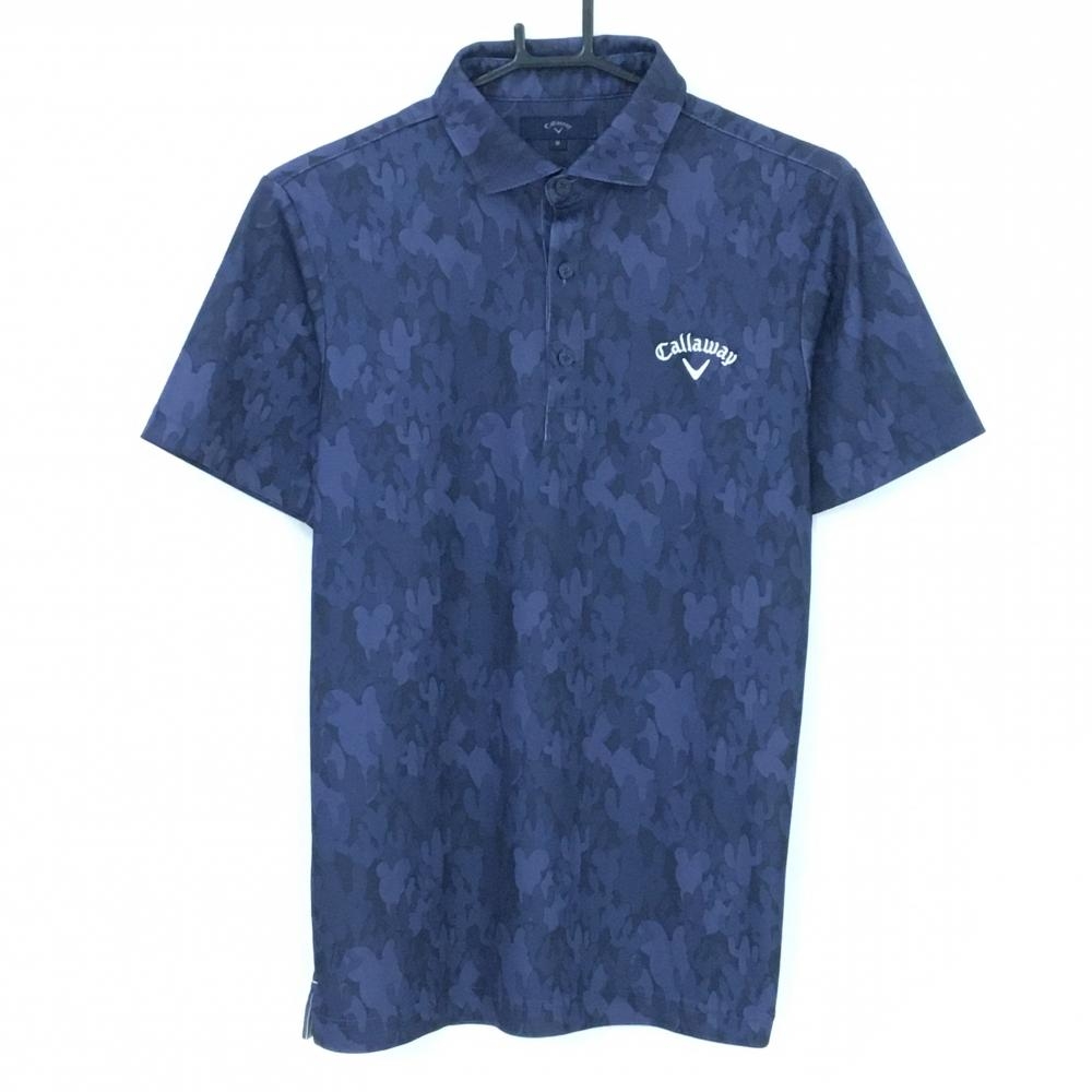 【超美品】キャロウェイ 半袖ポロシャツ ネイビー サボテン総柄 ロゴ刺しゅう メンズ M ゴルフウェア Callaway