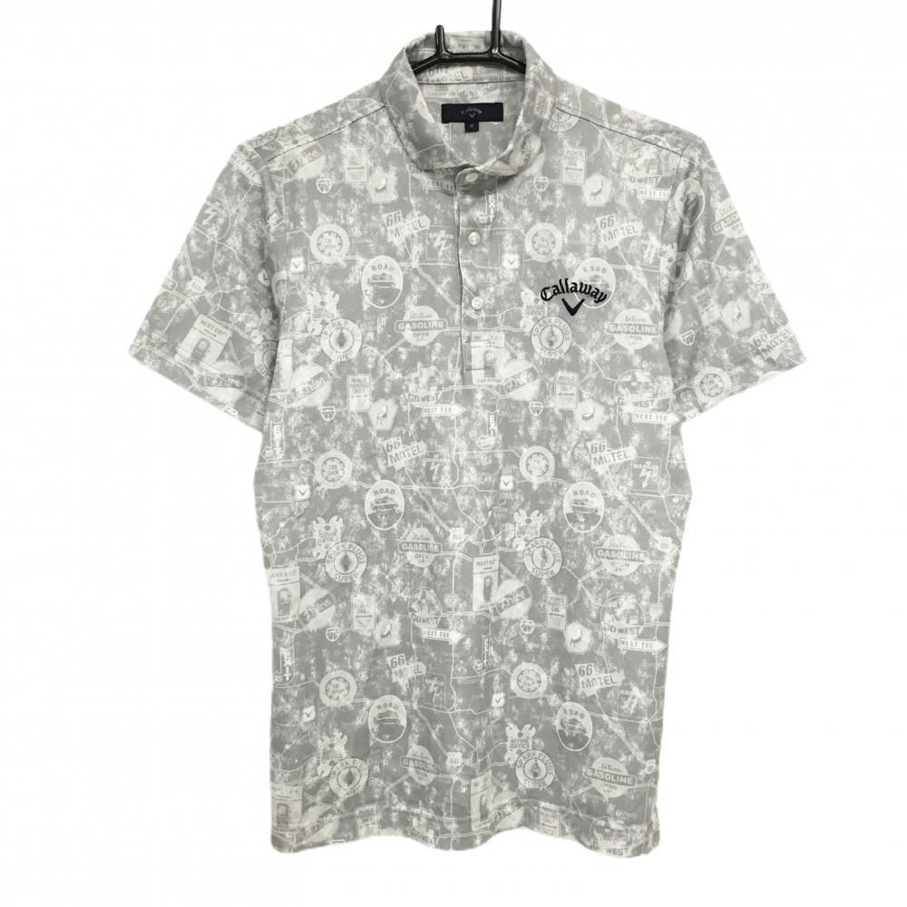 【超美品】キャロウェイ 半袖ポロシャツ ライトグレー×白 総柄 ロゴ刺しゅう メンズ M ゴルフウェア Callaway