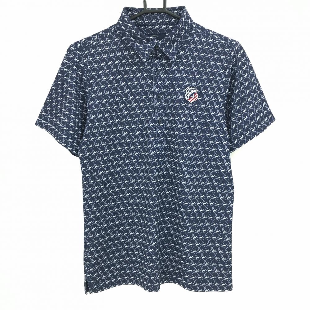 【美品】キャロウェイ 半袖ポロシャツ ネイビー×白 総柄 ワッペン  メンズ M ゴルフウェア Callaway