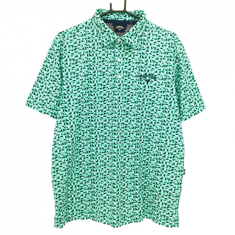 【超美品】キャロウェイ 半袖ポロシャツ ライトグリーン×ネイビー 総柄 ロゴ刺しゅう メンズ LL ゴルフウェア Callaway