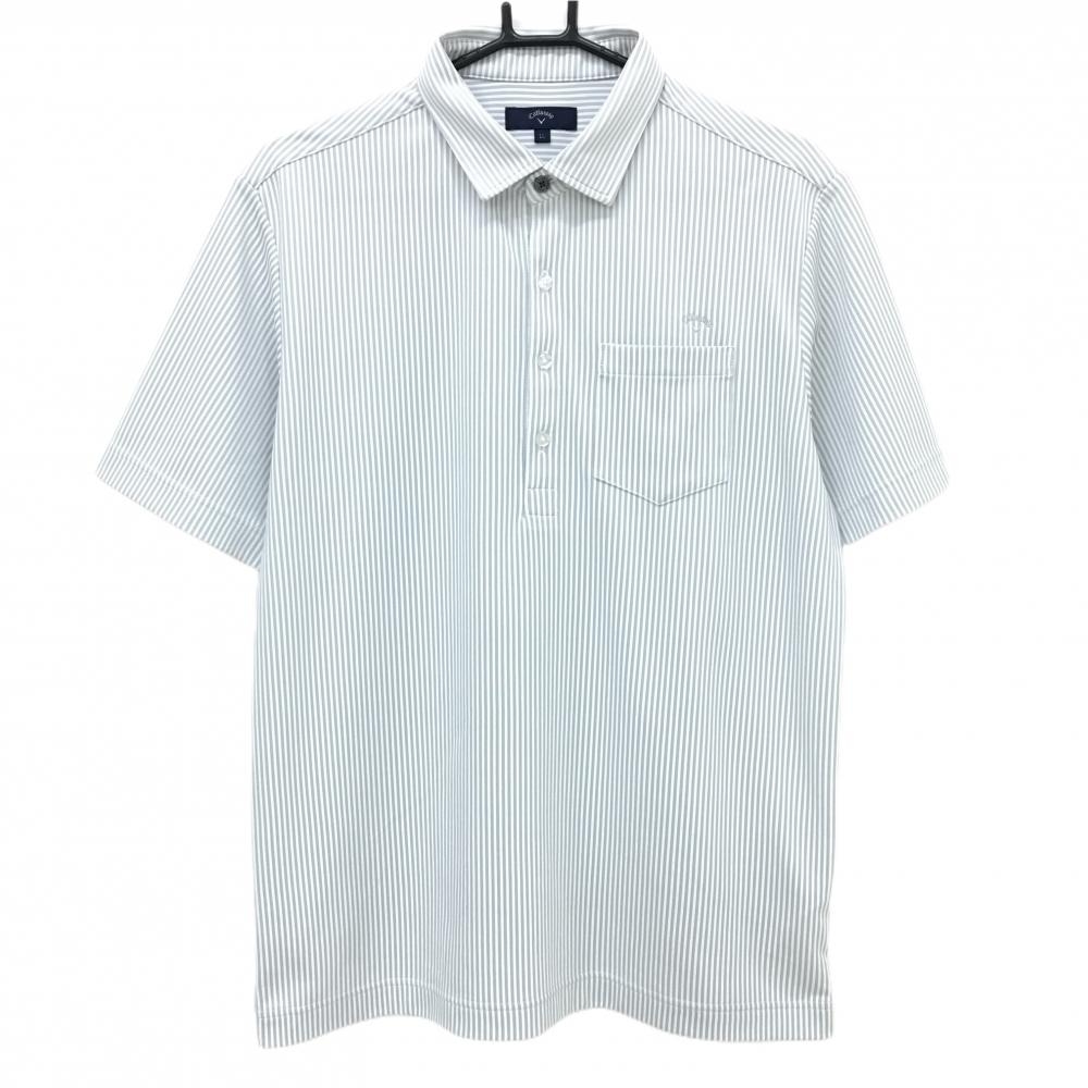 【超美品】キャロウェイ 半袖ポロシャツ 白×グレー ストライプ ロゴ刺しゅう メンズ LL ゴルフウェア Callaway