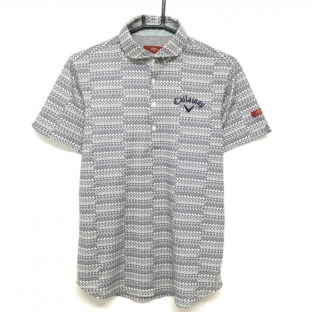 【美品】キャロウェイ レッドレーベル 半袖ポロシャツ アイボリー×ネイビー サイコロ総柄 メンズ M ゴルフウェア Callaway