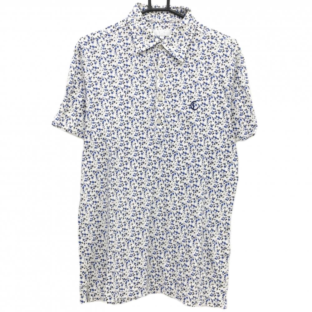 【超美品】キャロウェイ 半袖ポロシャツ 白×ブルー 小花柄 ロゴ刺しゅう メンズ LL ゴルフウェア Callaway