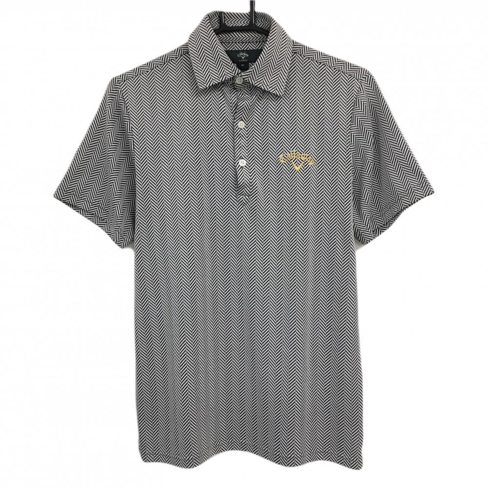 【美品】キャロウェイ 半袖ポロシャツ ライトグレー×黒 ヘリンボーン柄 ロゴ刺しゅう  メンズ M ゴルフウェア Callaway