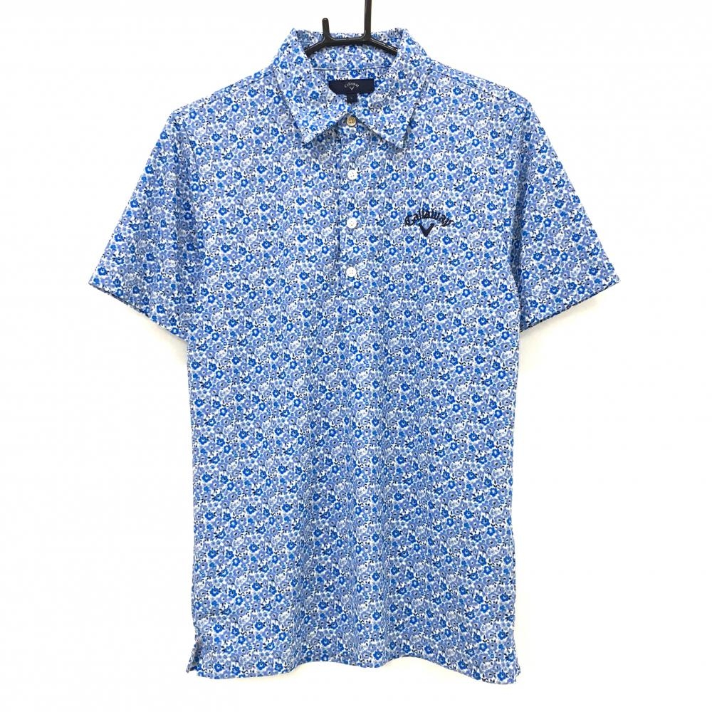 【超美品】キャロウェイ 半袖ポロシャツ ブルー×白 小花柄 ロゴ刺しゅう メンズ L ゴルフウェア Callaway