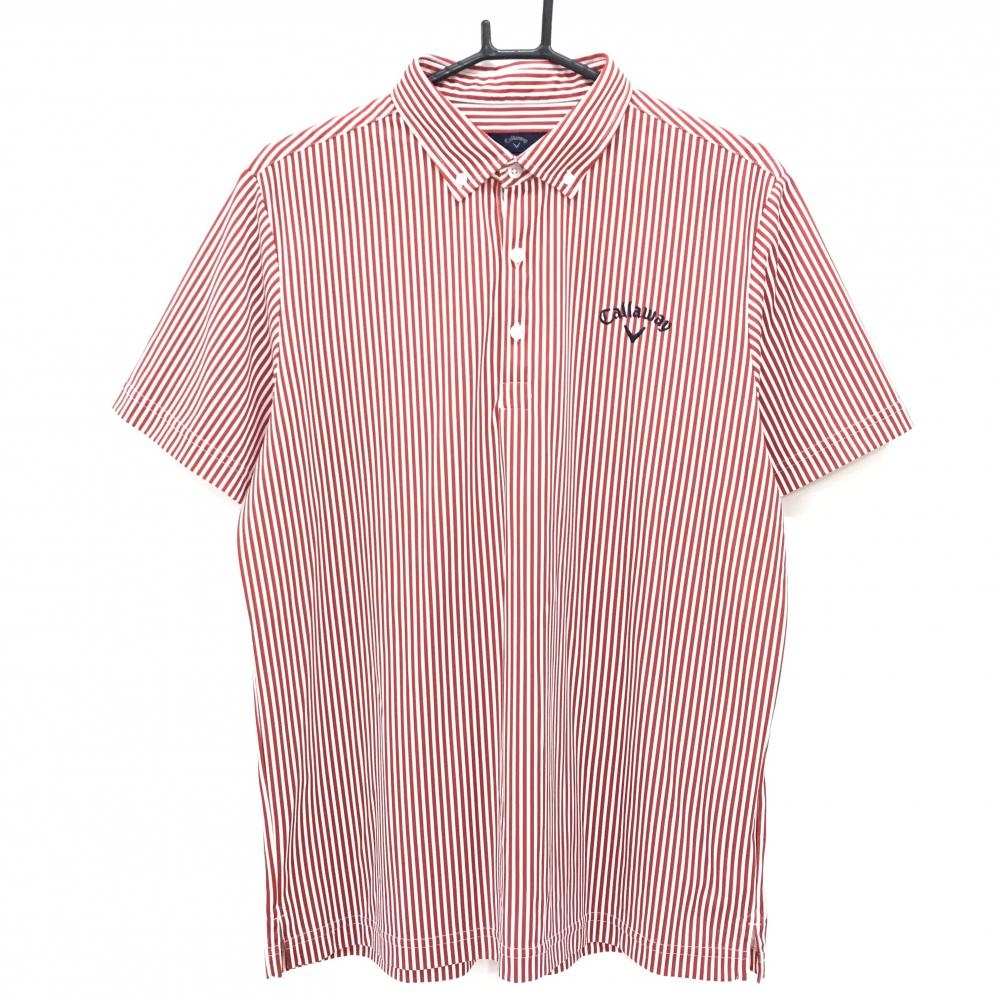 【美品】キャロウェイ 半袖ポロシャツ 白×レッド ストライプ ロゴ刺しゅう メンズ LL ゴルフウェア Callaway
