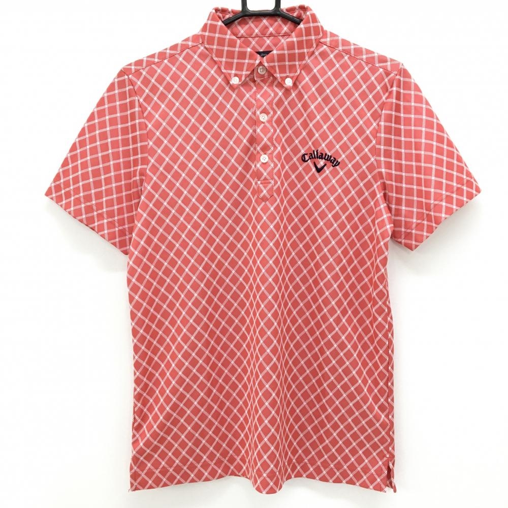 【超美品】キャロウェイ 半袖ポロシャツ レッド×白 格子 ボタンダウン メンズ M ゴルフウェア Callaway
