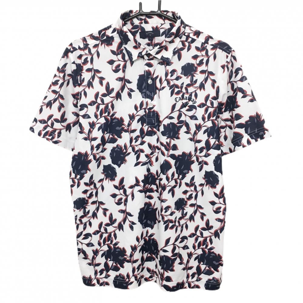 【美品】キャロウェイ 半袖ポロシャツ 白×ネイビー 総柄 花 リーフ メンズ LL ゴルフウェア Callaway