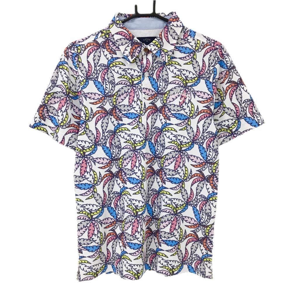 【美品】キャロウェイ 半袖ポロシャツ 白×ピンク リーフ柄  メンズ L ゴルフウェア Callaway