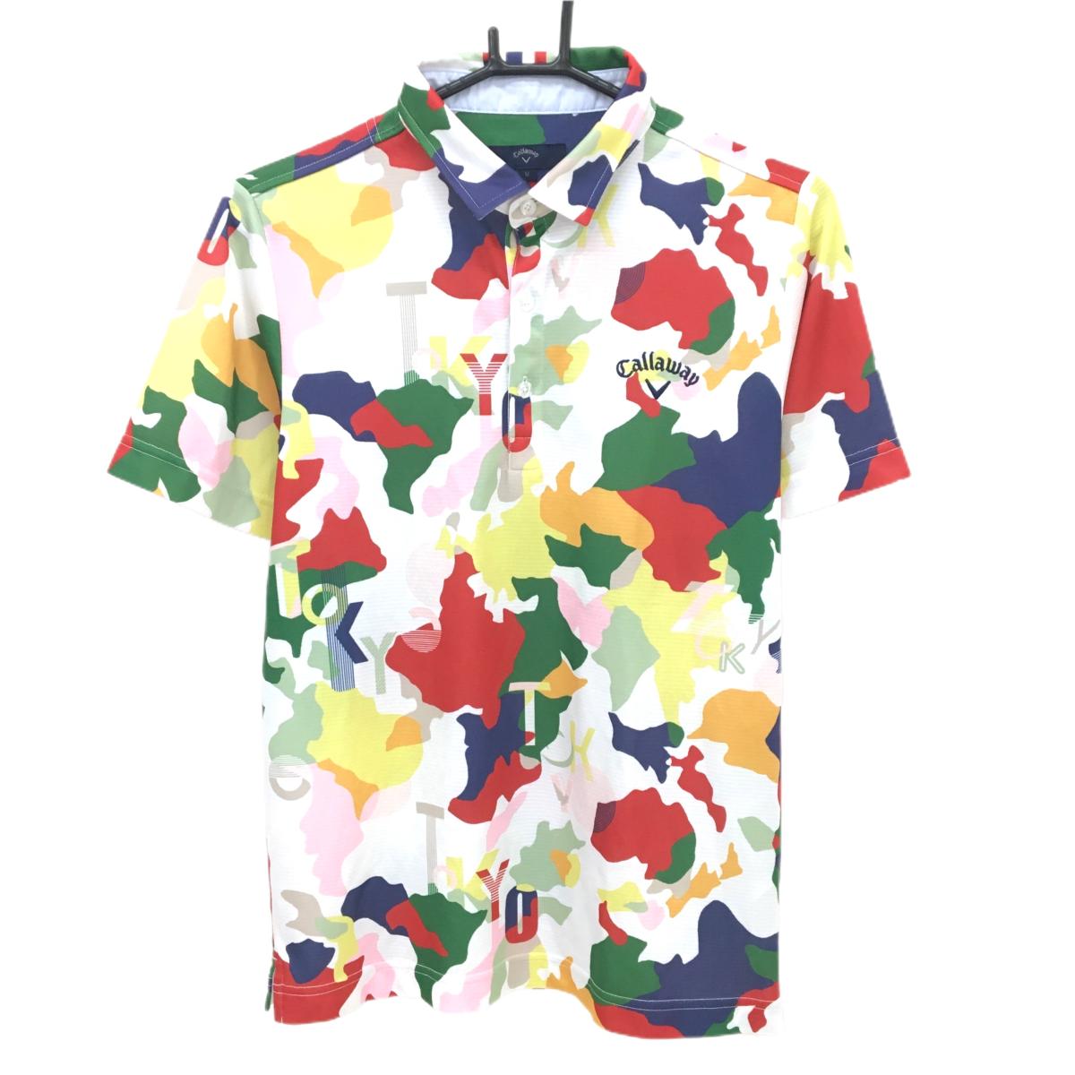 【美品】キャロウェイ 半袖ポロシャツ 白×マルチカラー 総柄 カモフラ風 メンズ M ゴルフウェア Callaway
