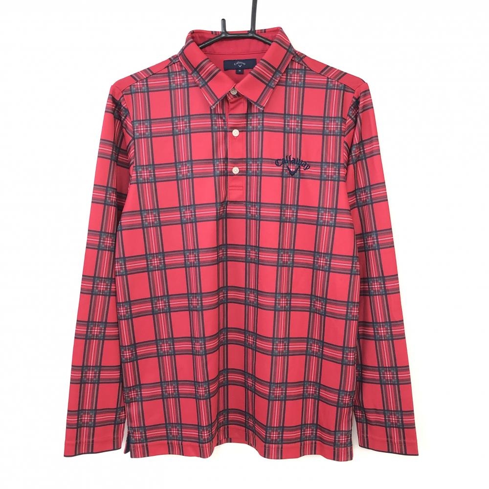 超美品 Callaway キャロウェイ 長袖ポロシャツ レッド ネイビー チェック柄 総柄 メンズ M ゴルフウェア 中古ゴルフウェア通販サイトreonard レオナード