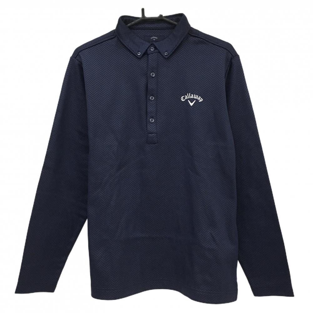 【超美品】キャロウェイ 長袖ポロシャツ ネイビー ヘリンボーン織生地 ボタンダウン 裏起毛  メンズ LL ゴルフウェア Callaway