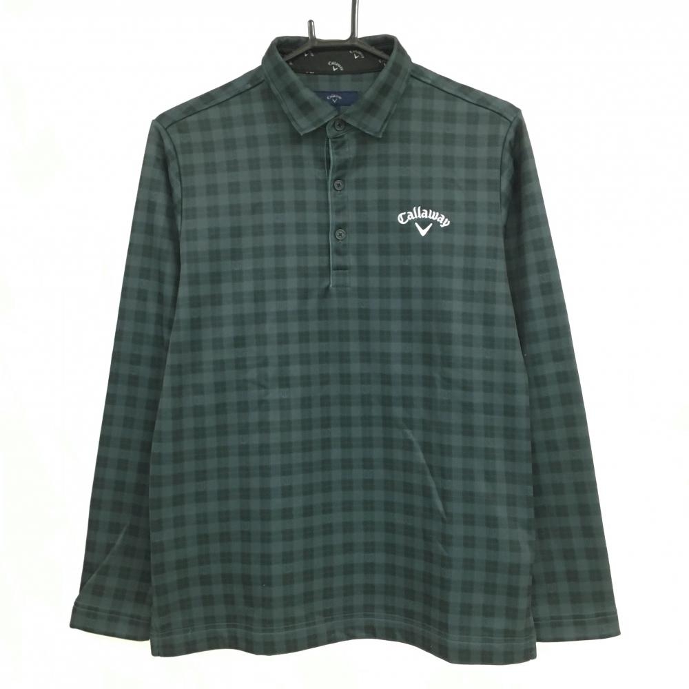 【美品】キャロウェイ 長袖ポロシャツ ダークグリーン チェック ロゴ刺しゅう 裏起毛 メンズ M ゴルフウェア Callaway