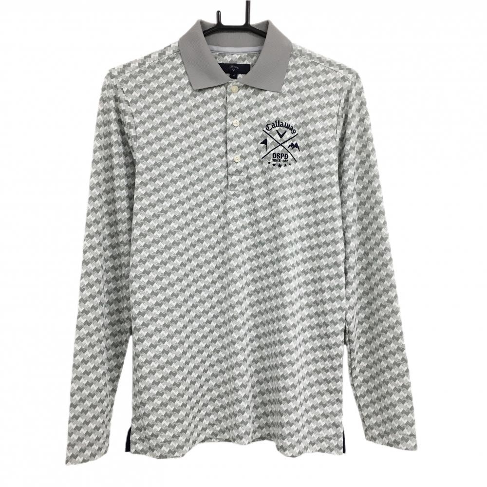 【超美品】キャロウェイ 長袖ポロシャツ ライトグレー×白 総柄 ロゴ刺しゅう  メンズ M ゴルフウェア Callaway