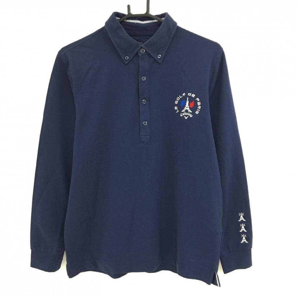 キャロウェイ 長袖ポロシャツ ネイビー ボタンダウン エッフェル塔刺しゅう 襟色褪せ メンズ M ゴルフウェア Callaway