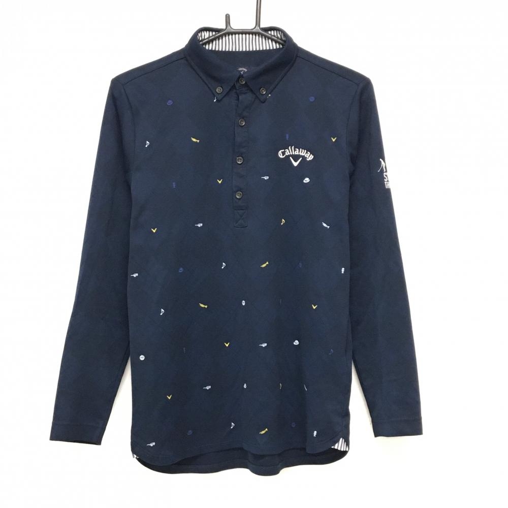 【美品】キャロウェイ 長袖ポロシャツ ネイビー×イエロー×白 前身頃総柄  メンズ M ゴルフウェア Callaway