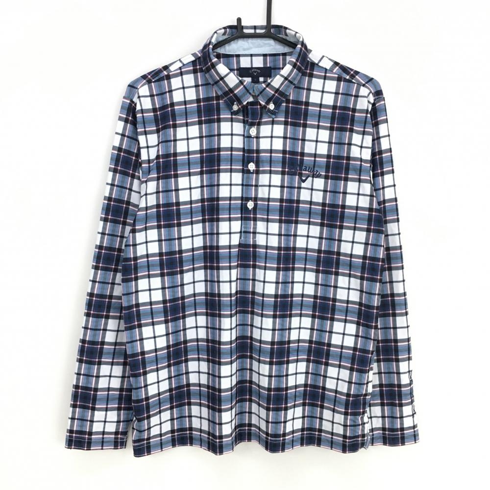 キャロウェイ 長袖ポロシャツ 白×ブルー チェック柄 ロゴ刺しゅう  メンズ L ゴルフウェア Callaway