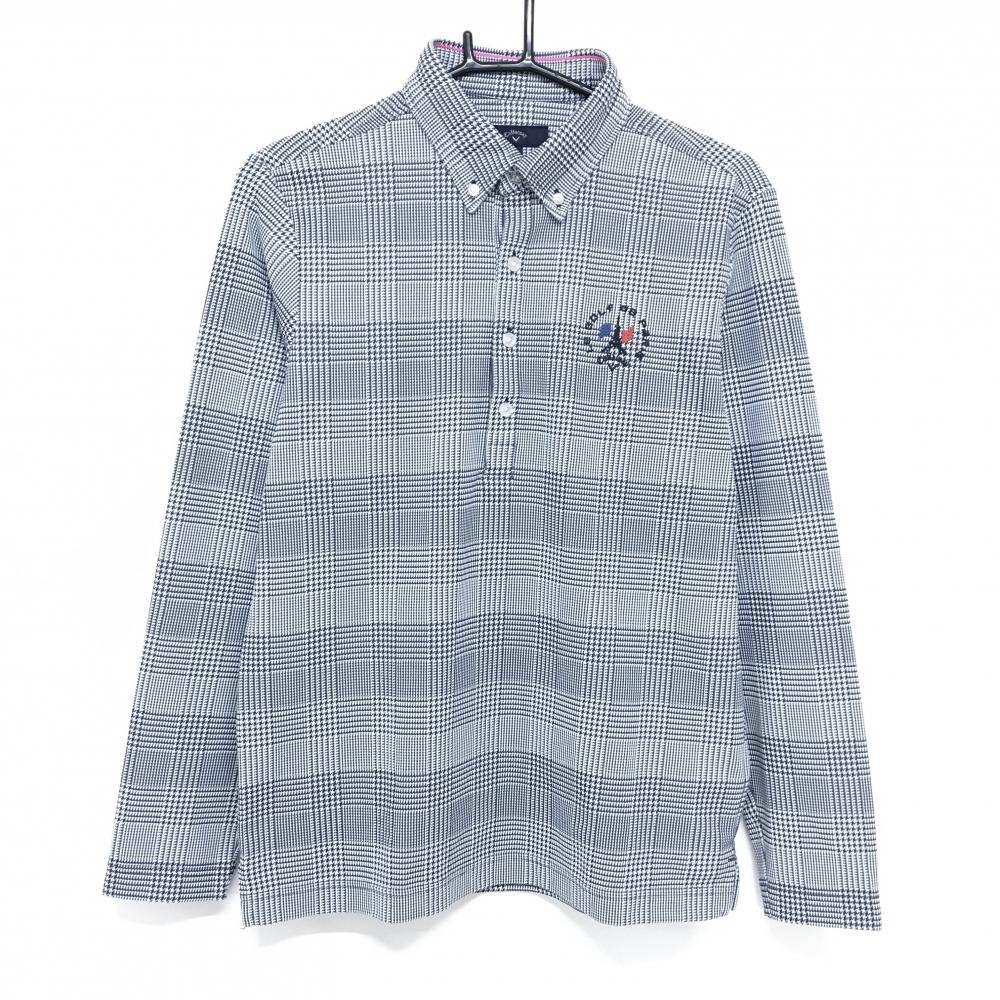 【超美品】キャロウェイ 長袖ポロシャツ 白×ネイビー グレンチェック ボタンダウン メンズ M ゴルフウェア Callaway