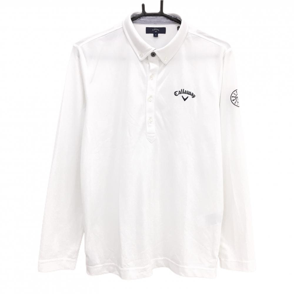 【美品】キャロウェイ 長袖ポロシャツ 白 ロゴネイビー ボタンダウン  メンズ M ゴルフウェア Callaway