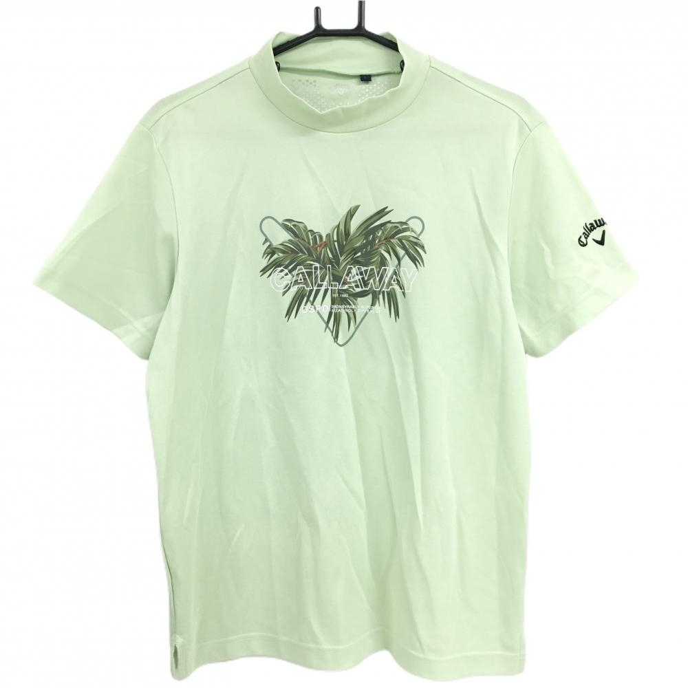 【超美品】キャロウェイ 半袖ハイネックシャツ ライトグリーン フロントプリント 袖ロゴ刺しゅう  メンズ L ゴルフウェア Callaway