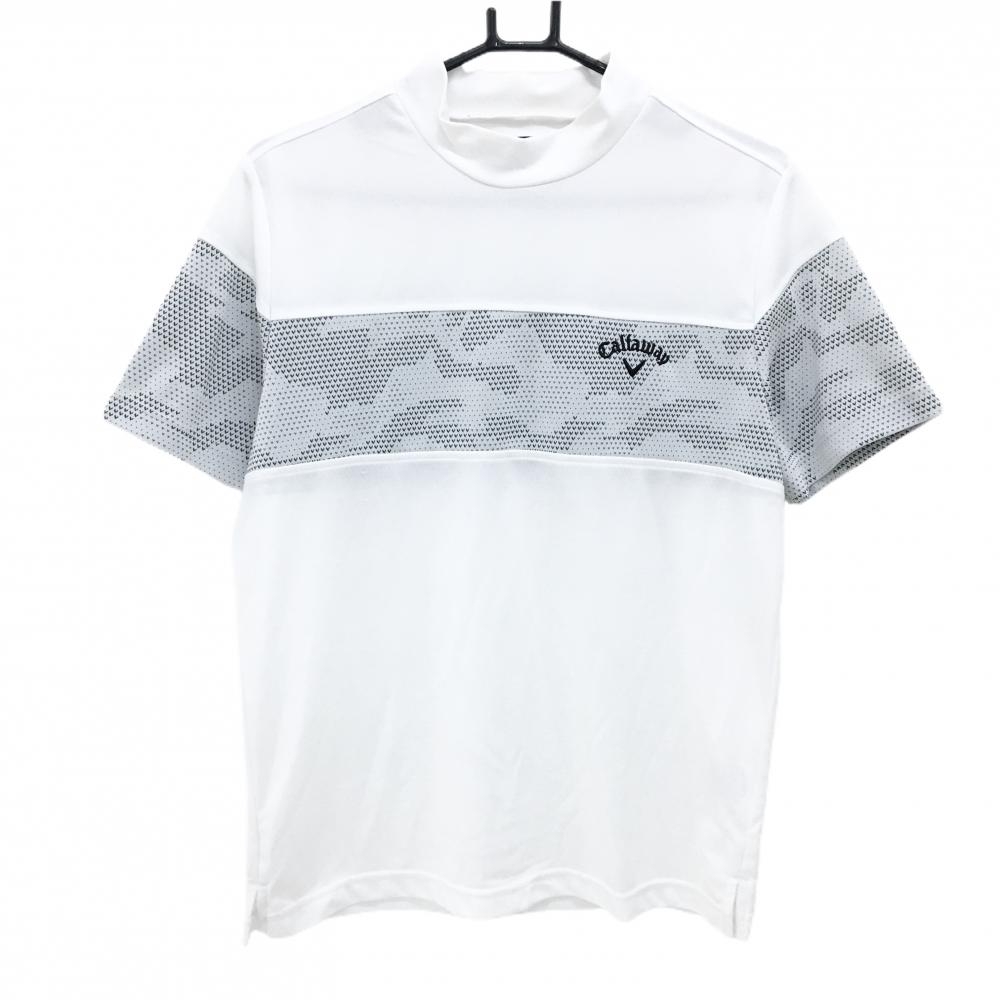 キャロウェイ 半袖ハイネックシャツ 白×グレー 一部総柄 地模様 ロゴ刺しゅう メンズ L ゴルフウェア Callaway