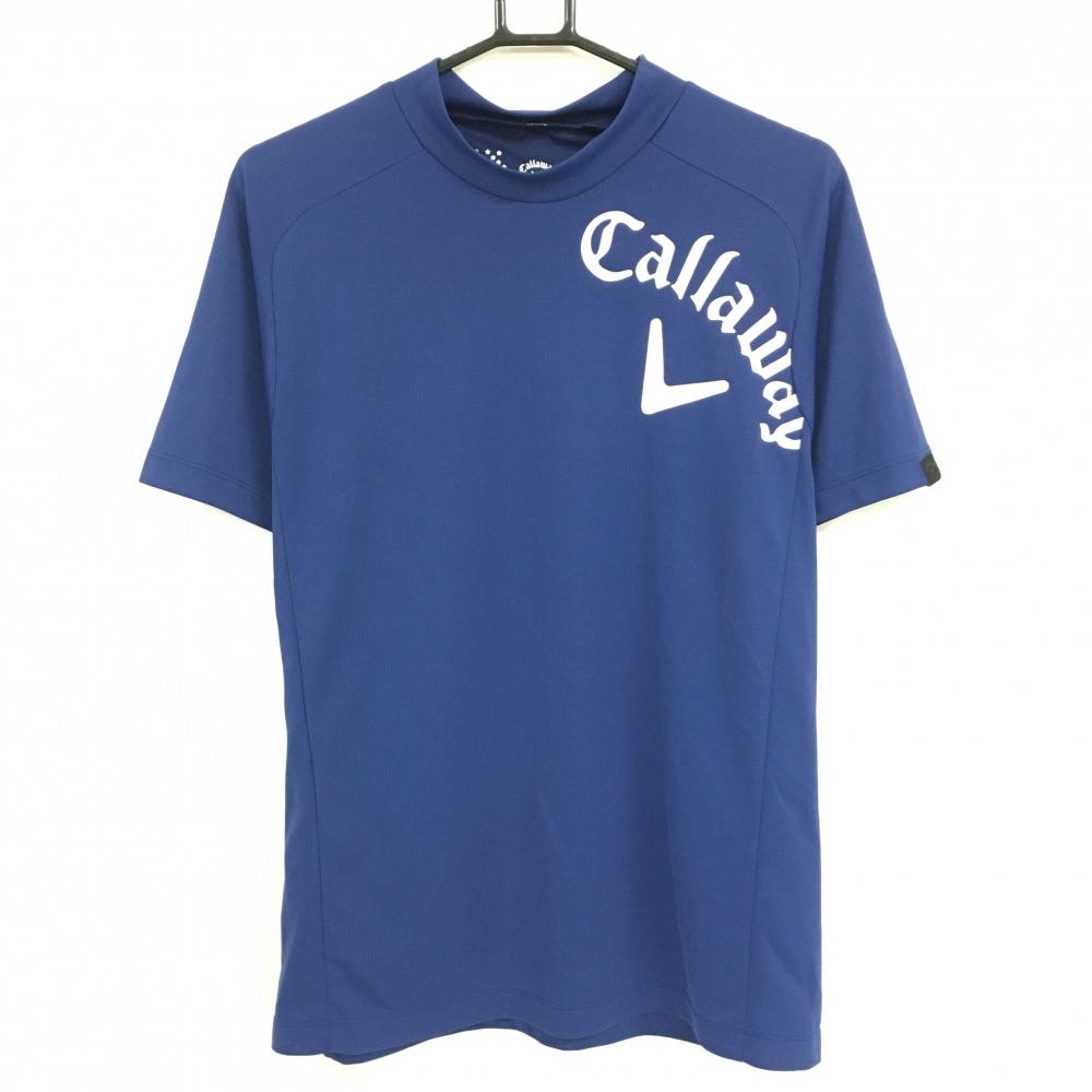 【超美品】キャロウェイ 半袖ハイネックシャツ ネイビー×白 凹凸ロゴ メンズ L ゴルフウェア Callaway