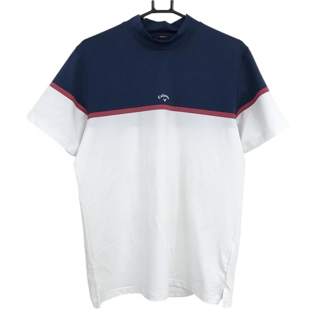 【美品】キャロウェイ レッドレーベル 半袖ハイネックシャツ 白×ネイビー ブロッキング ストレッチ  メンズ L ゴルフウェア Callaway