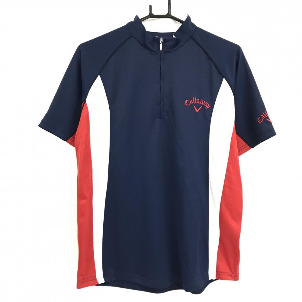 【美品】キャロウェイ 半袖ハイネックシャツ ネイビー×レッド ハーフジップ ロゴ刺しゅう メンズ rarge ゴルフウェア Callaway