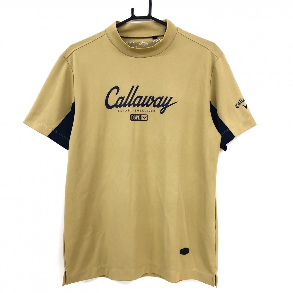 【美品】キャロウェイ 半袖ハイネックシャツ ライトブラウン×ネイビー フロントプリント メンズ L ゴルフウェア Callaway