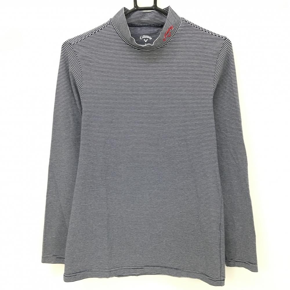 キャロウェイ 長袖ハイネックシャツ ネイビー×白 細ボーダー ネックロゴ メンズ M ゴルフウェア Callaway