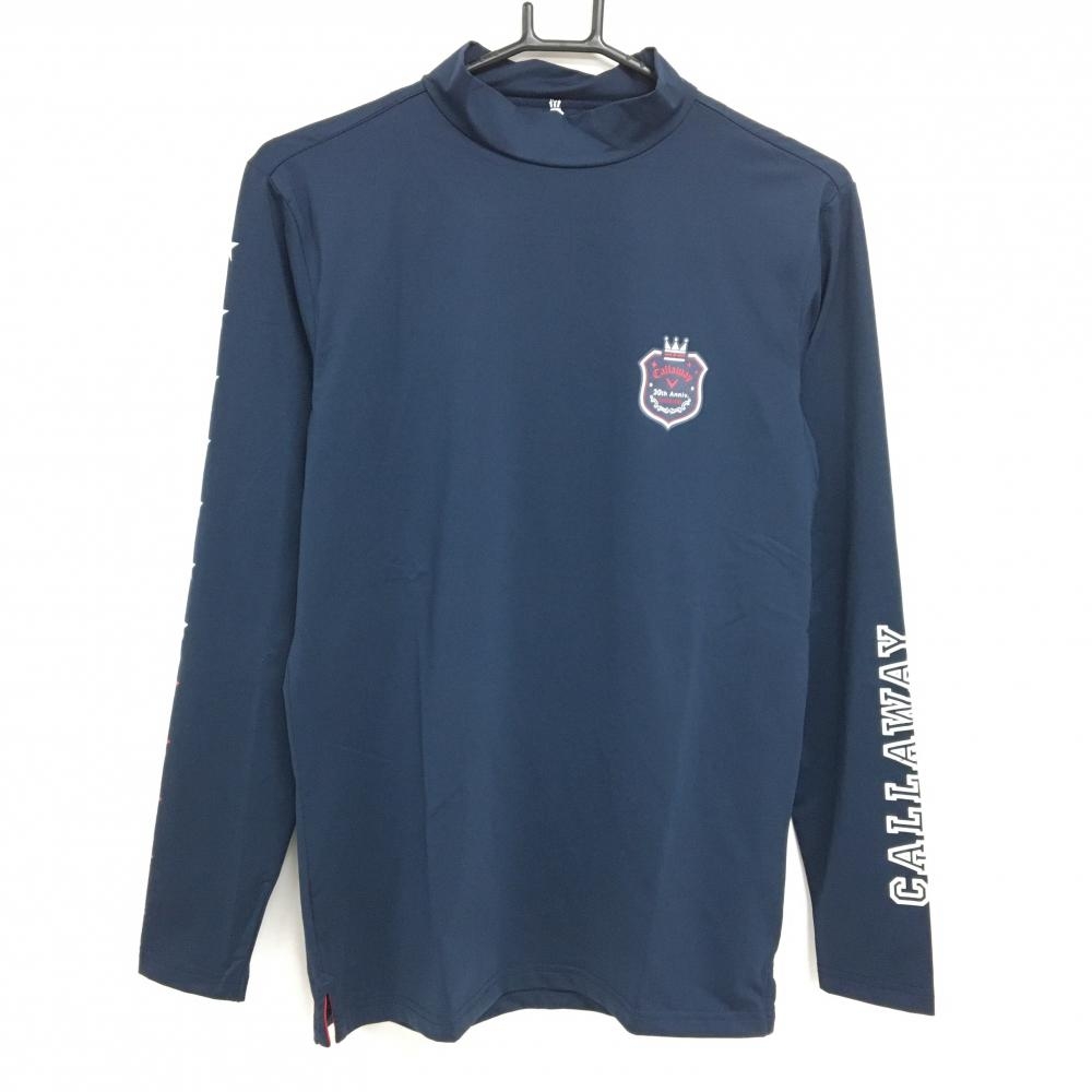 【美品】キャロウェイ 長袖ハイネックシャツ ネイビー 袖星柄 ロゴ ストレッチ インナー メンズ Large ゴルフウェア Callaway