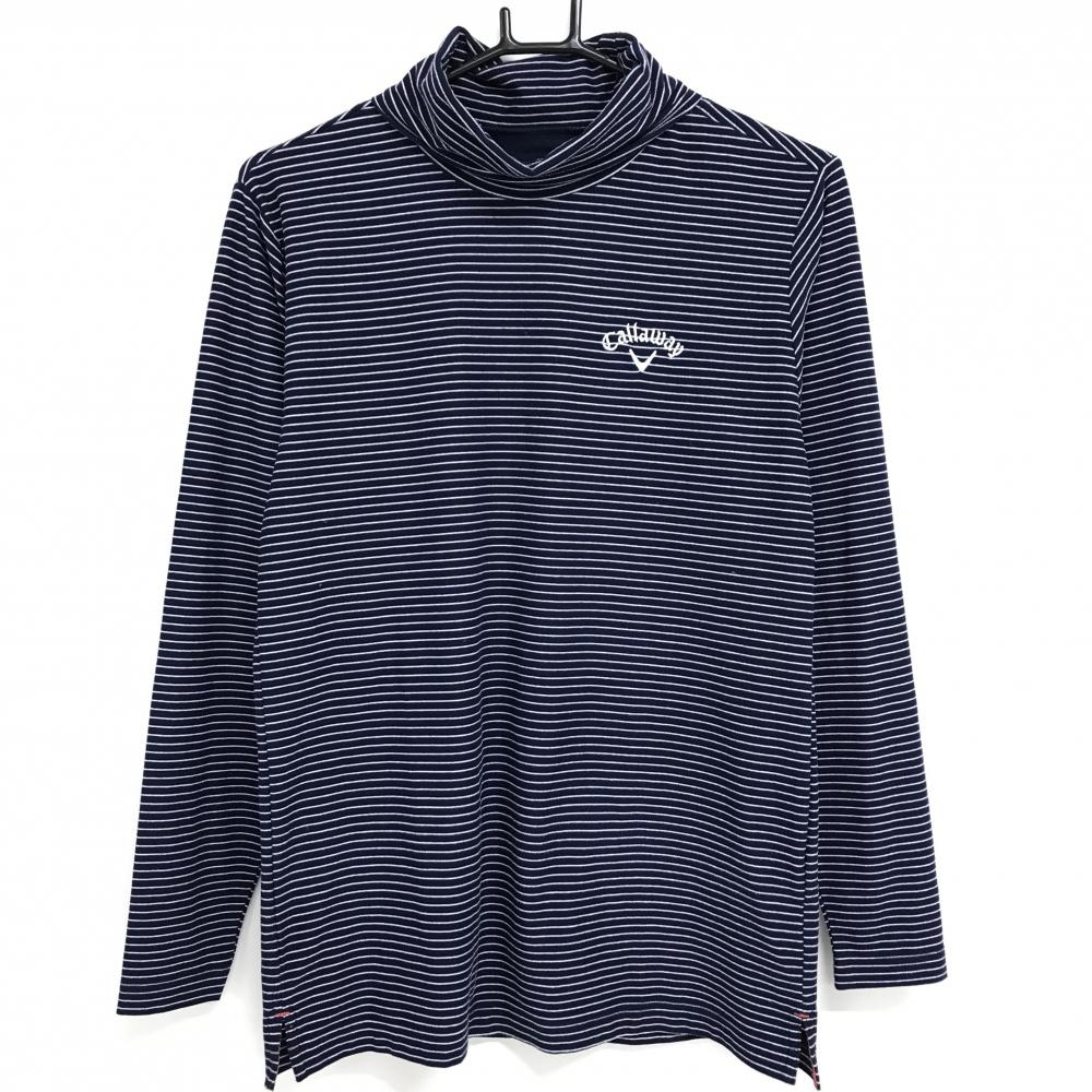 【美品】キャロウェイ 長袖タートルネックシャツ ネイビー×白 ボーダー 微起毛  メンズ M ゴルフウェア Callaway