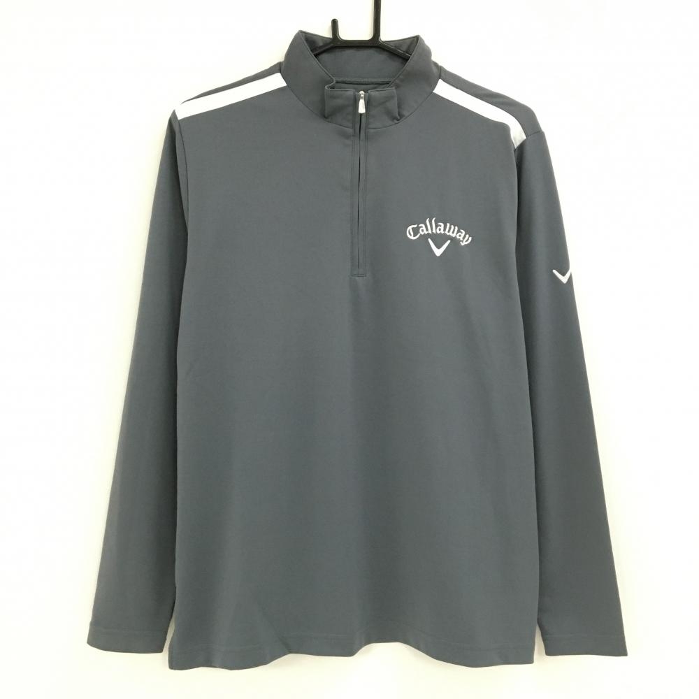 キャロウェイ 長袖ハイネックシャツ グレー×白 ハーフジップ ロゴ刺しゅう 肩ライン メンズ L ゴルフウェア Callaway