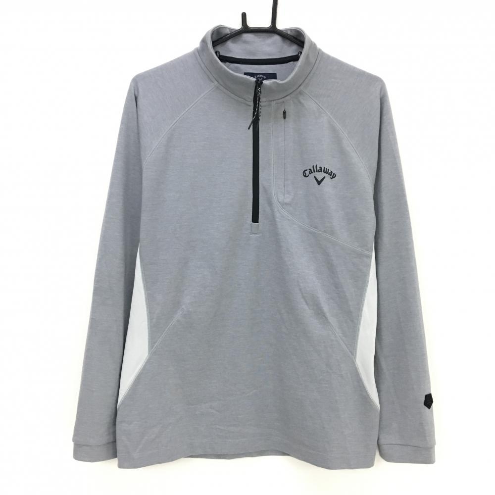 キャロウェイ 長袖ハイネックシャツ グレー ハーフジップ ロゴ黒 裏微起毛  メンズ L ゴルフウェア Callaway