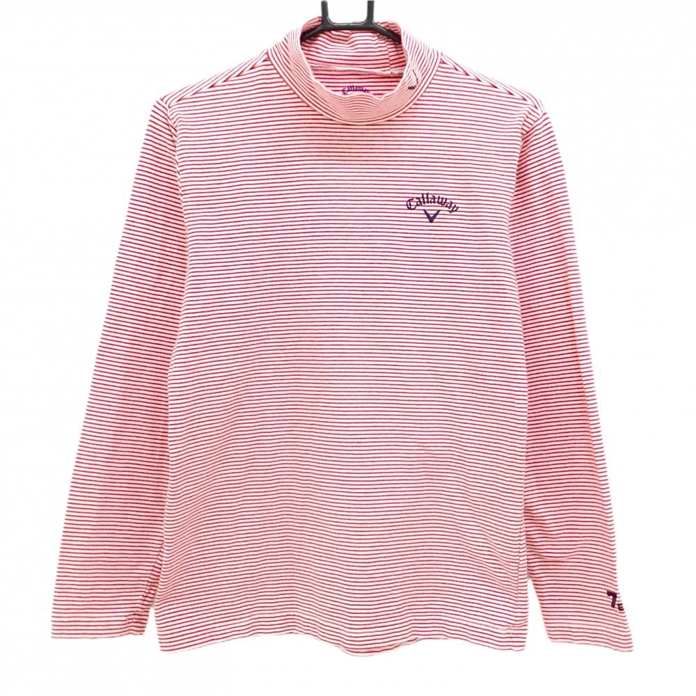 キャロウェイ 長袖ハイネックシャツ 白×レッド ボーダー ロゴプリント メンズ M ゴルフウェア Callaway